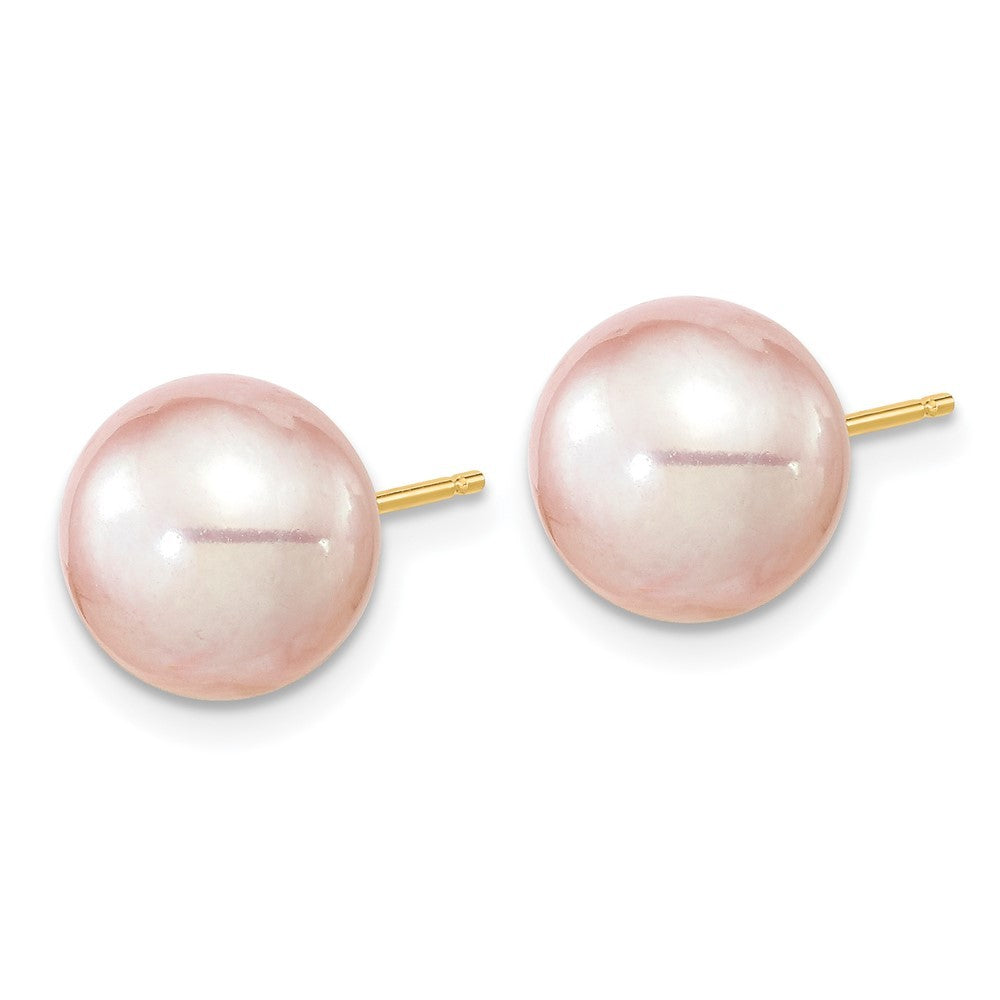 14k Yellow Gold 9-10mm Purple Round Freshwater Cultured Pearl Stud Earrings