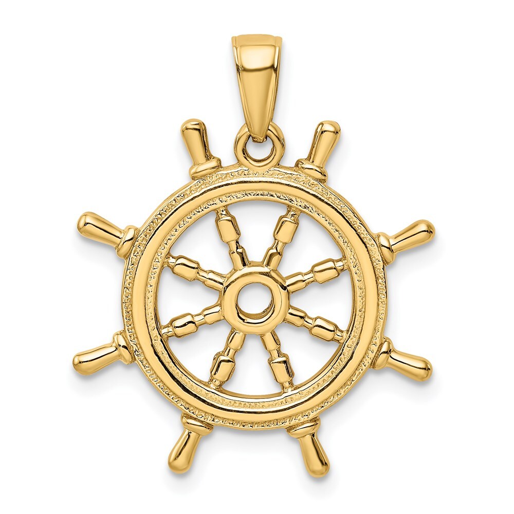 14k Yellow Gold 3D Ships Wheel Pendant