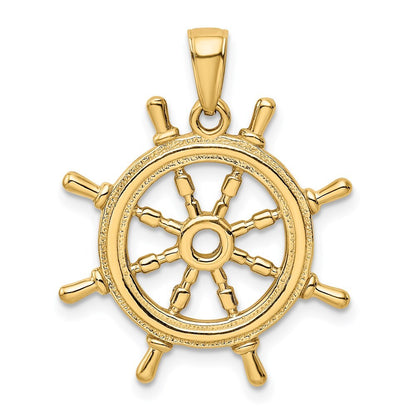 14k Yellow Gold 3D Ships Wheel Pendant
