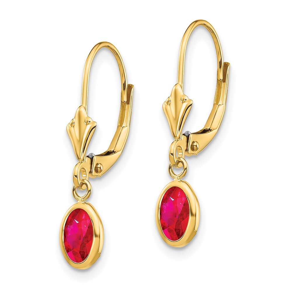 14k Yellow Gold 6x4 Oval Bezel July/Ruby Dangle Earrings Leverback
