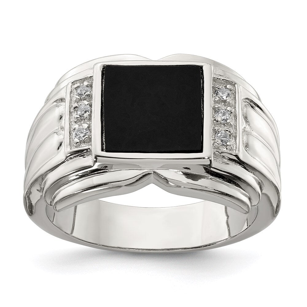 Sterling Silver Rhodium-plated Cubic Zirconia and Onyx Ring Size 9