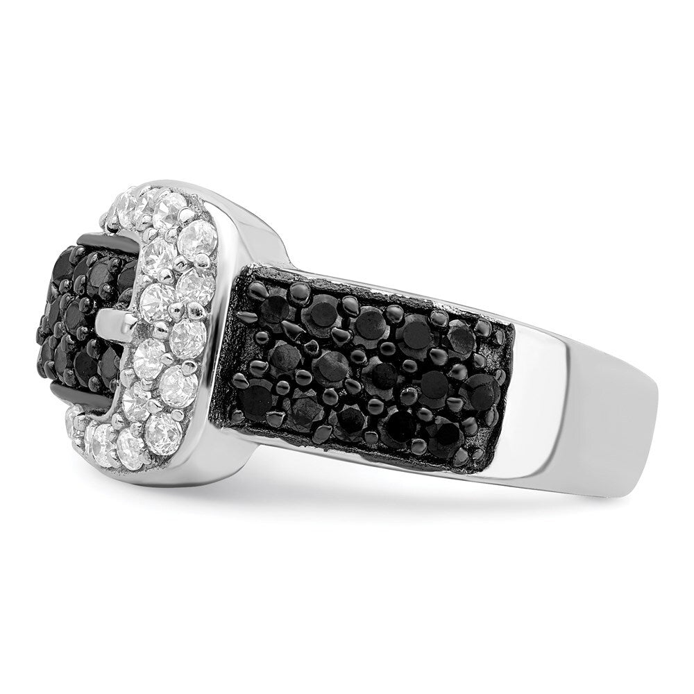 Sterling Silver Rhodium Black and Clear Cubic Zirconia Buckle Ring Size 6