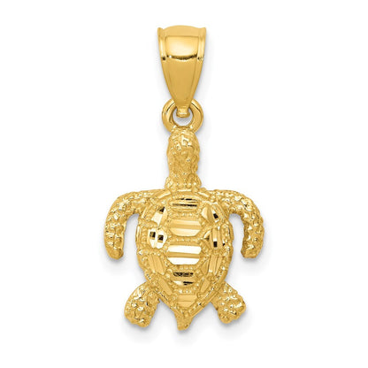14k Yellow Gold Polished and Textured Diamond-cut Sea Turtle Pendant for Women