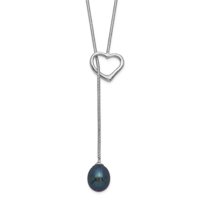 Sterling Silver 7-8mm Black Teardrop Cultured Pearl Drop Heart 20" Necklace