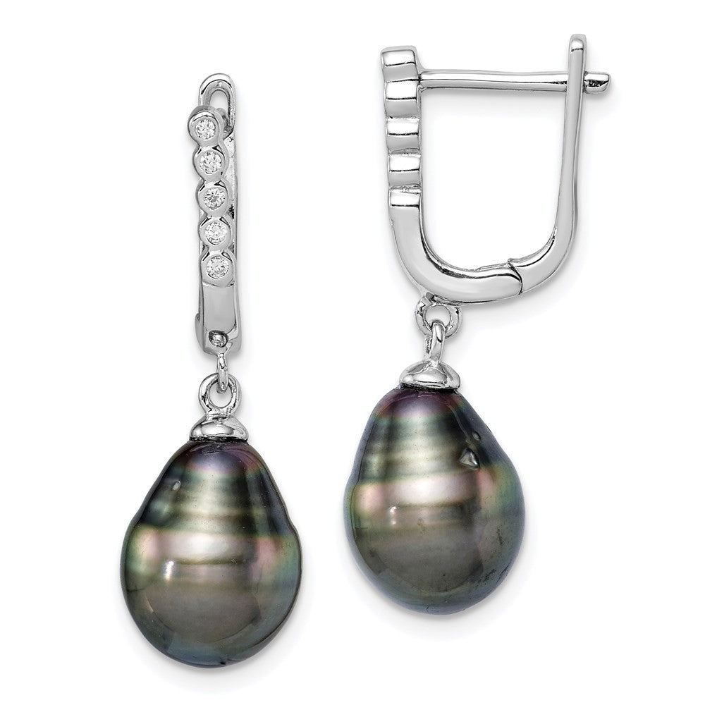 Sterling Silver 9mm Black Tahitian Saltwater Cultured Pearl & CZ Dangle Earrings