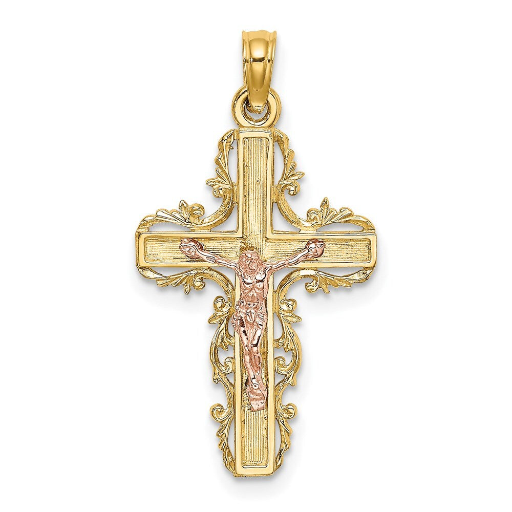 14k Two-tone Gold  Lace Trim Crucifix Charm Pendant for Women
