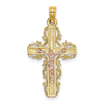 14k Two-tone Gold  Lace Trim Crucifix Charm Pendant for Women