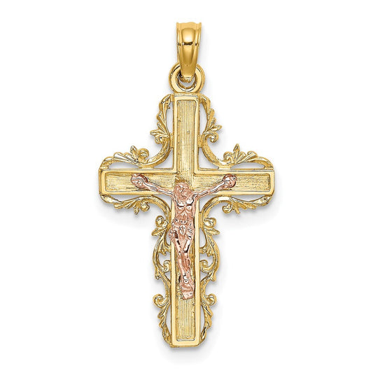 14k Two-tone Gold  Lace Trim Crucifix Charm Pendant for Women