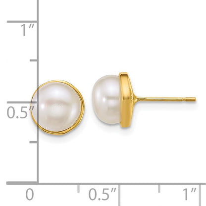 14k Yellow Gold Polished 7-8mm Button White Freshwater Cultured Pearl Earrings