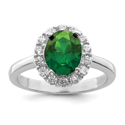 Sterling Silver Polished Rhodium-plated Green and Clear CZ Ring Size 6
