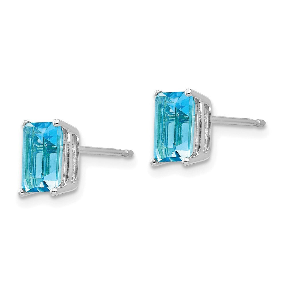 14k White Gold 7x5mm Emerald Cut Blue Topaz Stud Earrings Gift for Women
