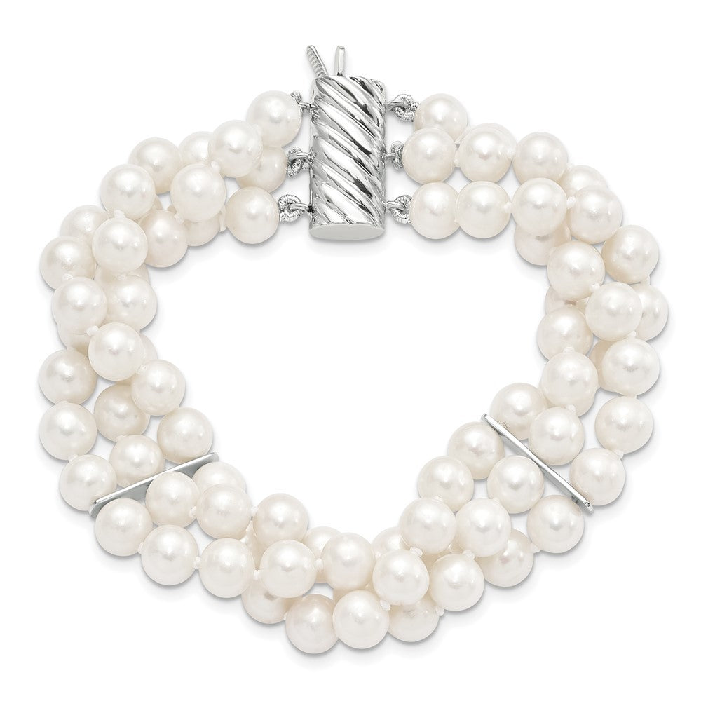 Sterling Silver 6-7mm White Near-Round Cultured Pearl 3-Strand 7.5" Bracelet