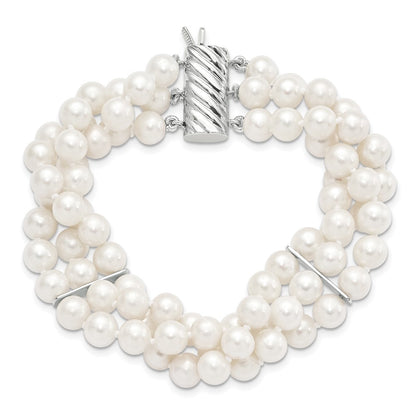 Sterling Silver 6-7mm White Near-Round Cultured Pearl 3-Strand 7.5" Bracelet