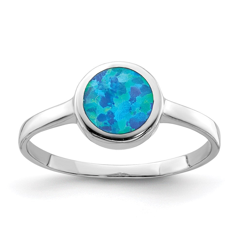 Sterling Silver Rhodium-plated Polished Round Synthetic Opal Ring