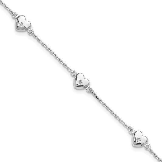 Sterling Silver Rhodium-plated Hearts 10" Anklet