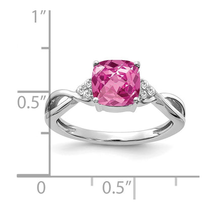 14K White Gold Checkerboard Created Pink Sapphire and Diamond Ring Size 7
