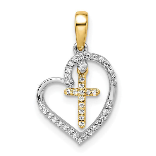 14k Two-tone Gold Heart with Cross Diamond Pendant for Women