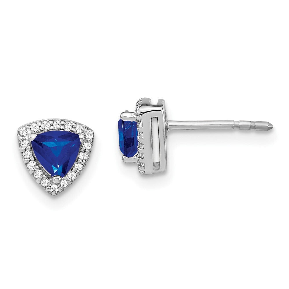 14k White Gold Trillion Sapphire and Diamond Halo Stud Earrings