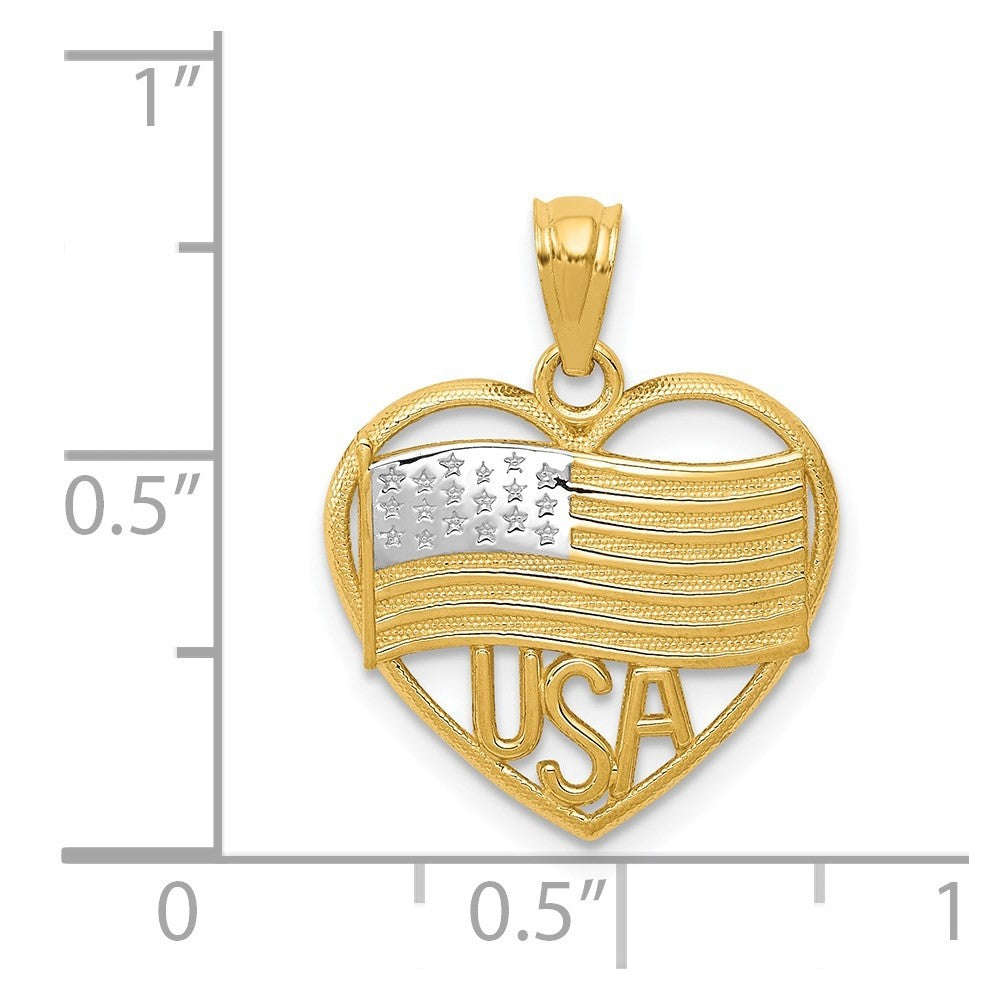 14k Yellow Gold w Rhodium Polished American Flag USA in Heart Pendant
