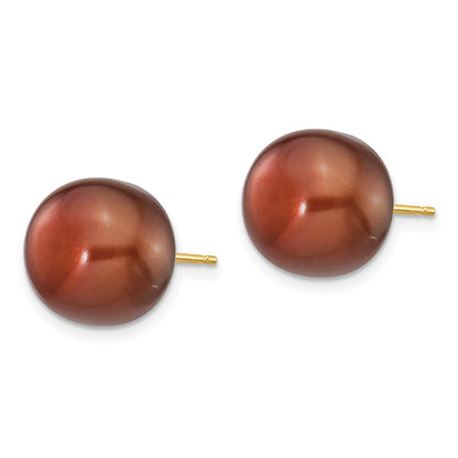 14k Yellow Gold 11-12mm Brown Button Freshwater Cultured Pearl Stud Earrings