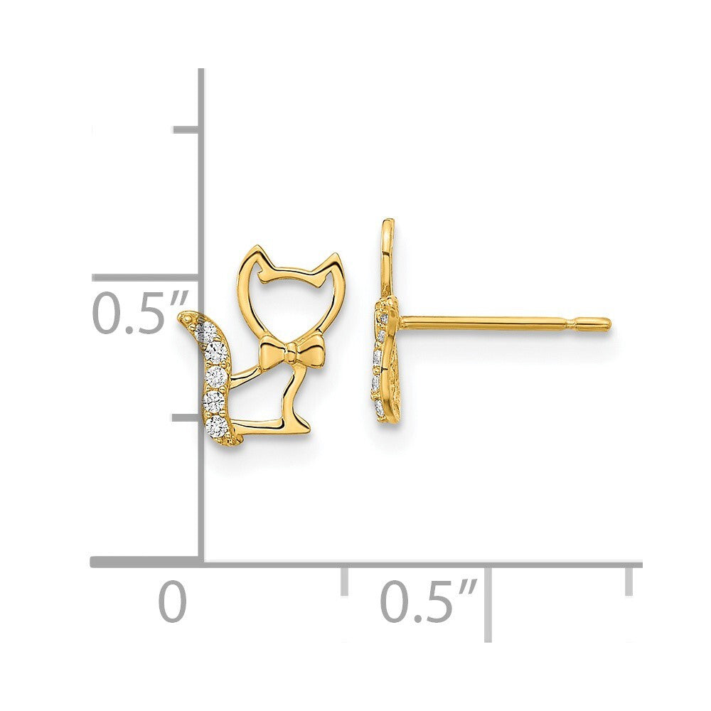 14k Yellow Gold Childrens Kitten Cubic Zirconia Tail Stud Earrings