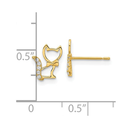 14k Yellow Gold Childrens Kitten Cubic Zirconia Tail Stud Earrings