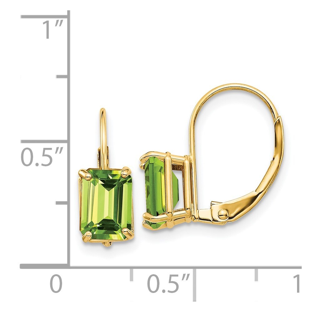 14k Yellow Gold 7x5mm Emerald Cut Peridot Leverback Earrings Gift for Women