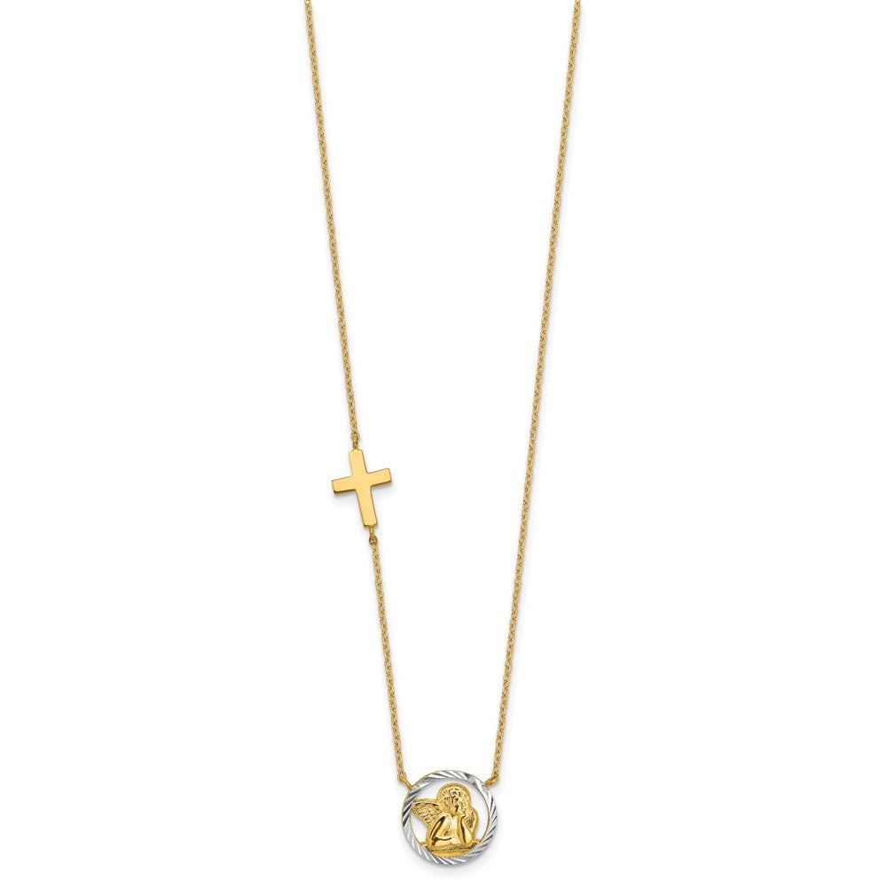 14k Yellow Gold and White Rhodium Diamond-cut Angel and Cross 17 inch Necklace