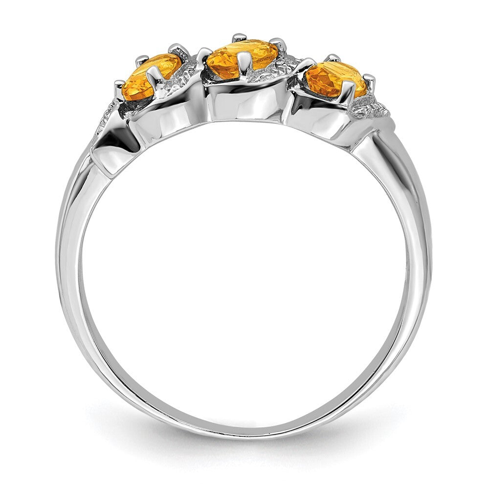 Sterling Silver Rhodium 3 Stone Citrine & Diamond Ring Size 8