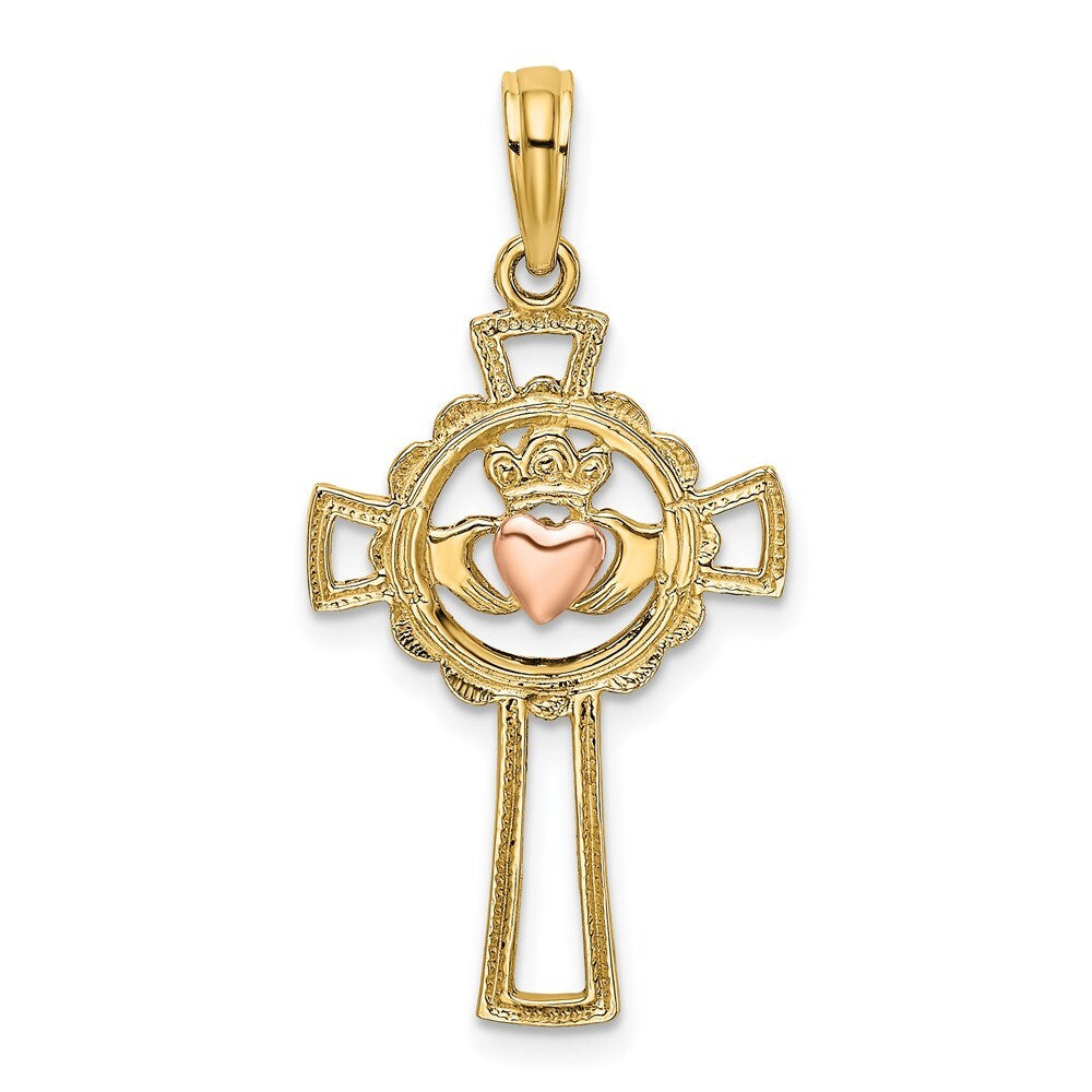 14k Two-tone Gold Claddagh Cross Charm Pendant for Women
