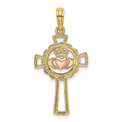 14k Two-tone Gold Claddagh Cross Charm Pendant for Women