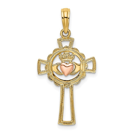 14k Two-tone Gold Claddagh Cross Charm Pendant for Women