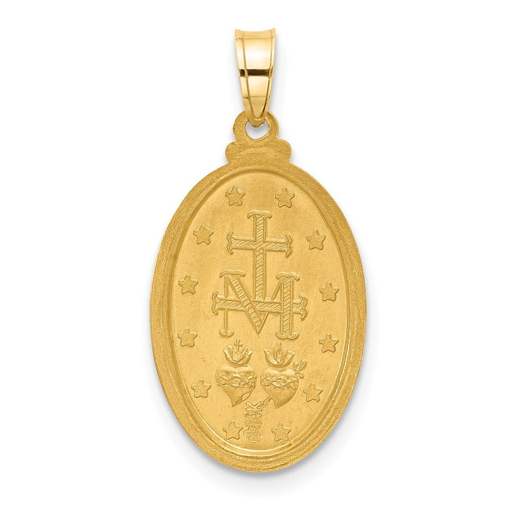 14k Yellow Gold Satin and Polished Miraculous Medal Solid Oval Pendant for Women
