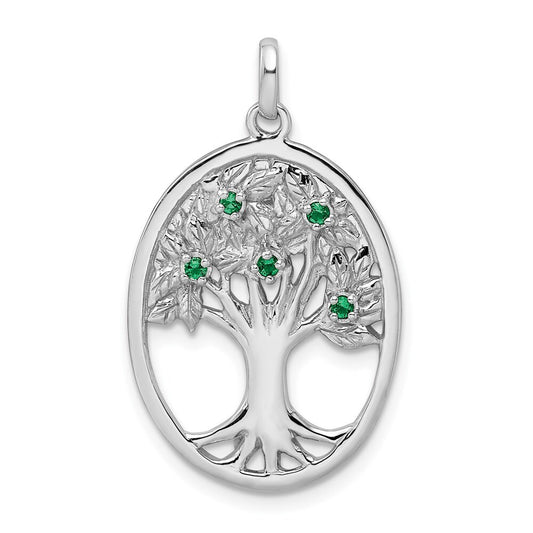 Sterling Silver Rhodium-plated Green Glass Buds Oval Tree Pendant