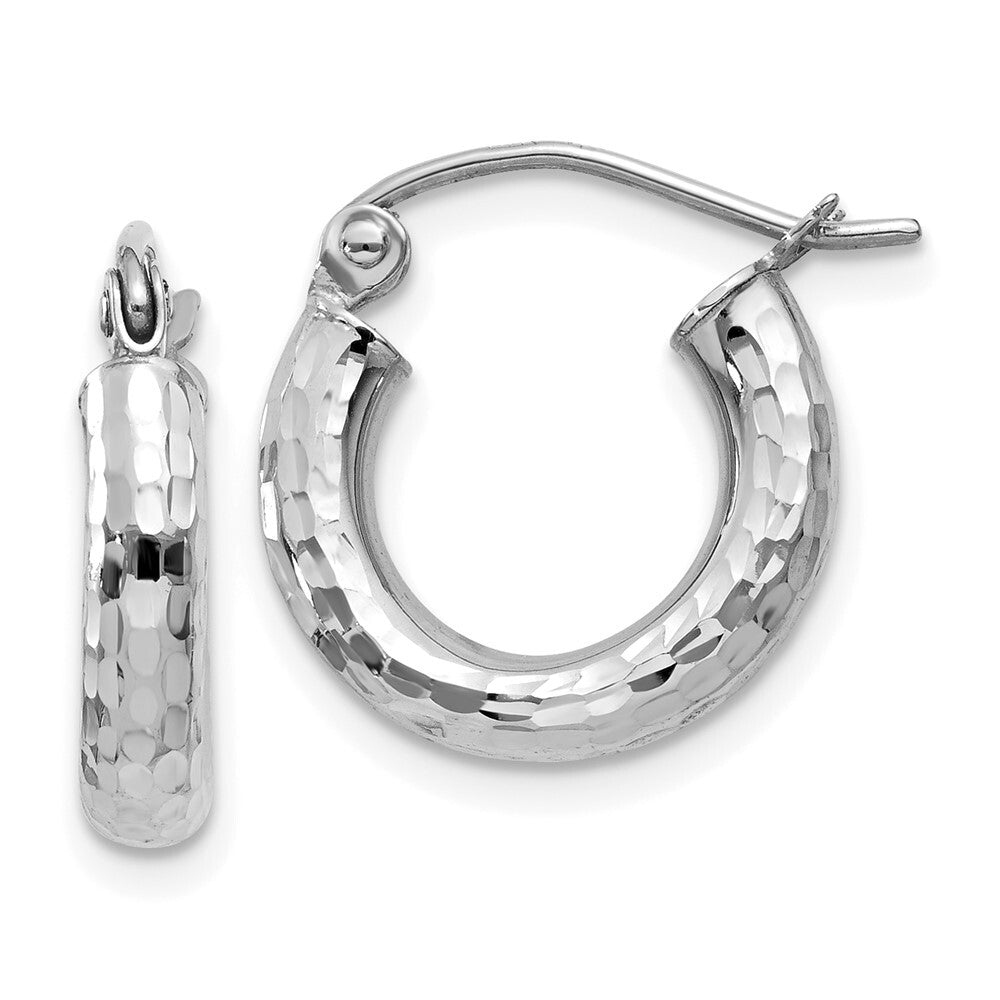 14k White Gold Diamond-cut 3mm Round Hoop Earrings Gift for Women