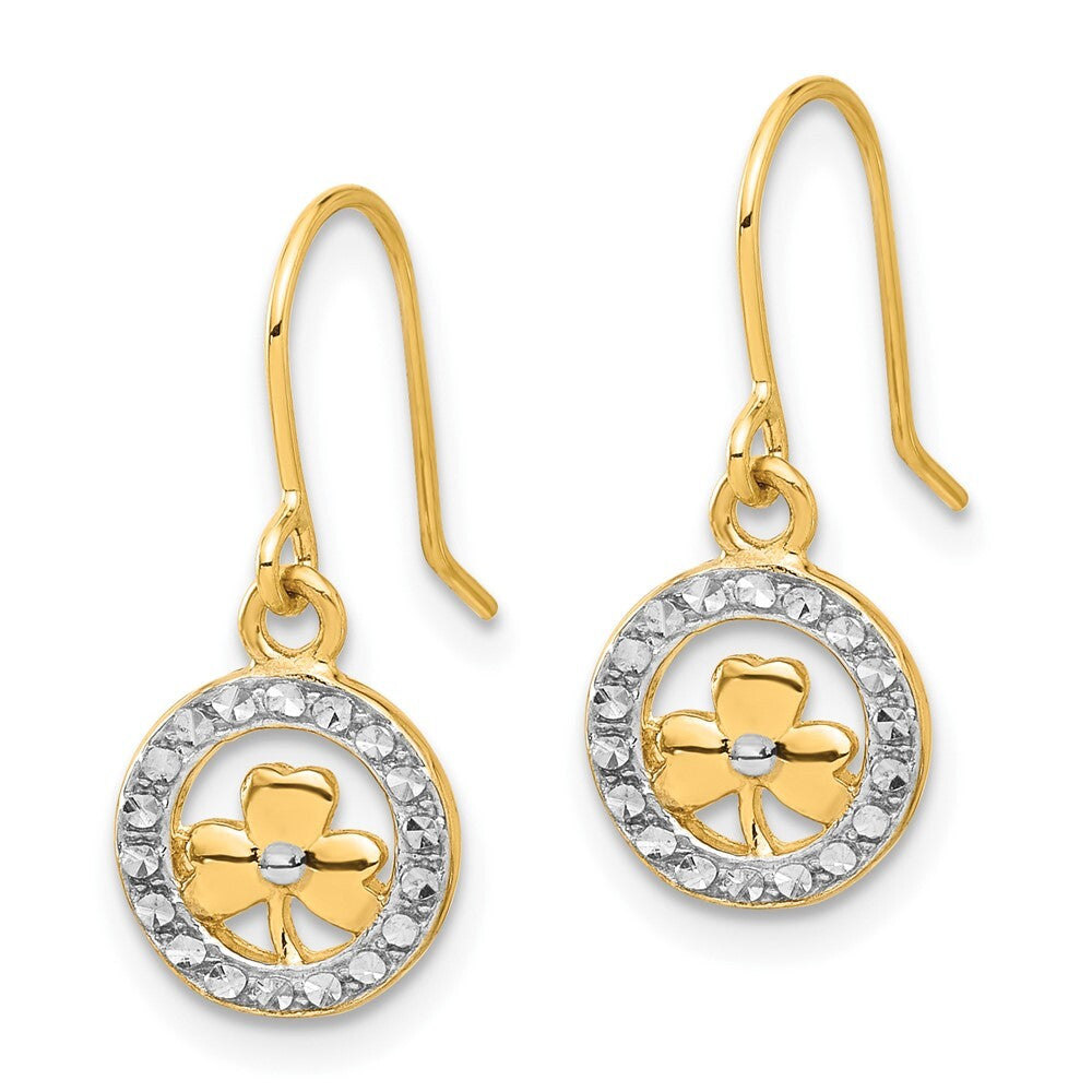 14k Yellow Gold and White Rhodium Diamond-Cut Clover in Circle Dangle Earrings