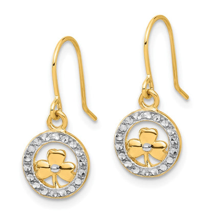 14k Yellow Gold and White Rhodium Diamond-Cut Clover in Circle Dangle Earrings