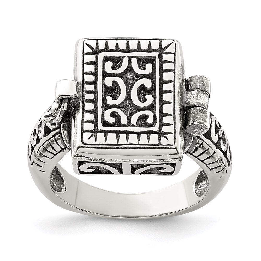 Sterling Silver Antiqued Rectangular Locket Ring Size 7