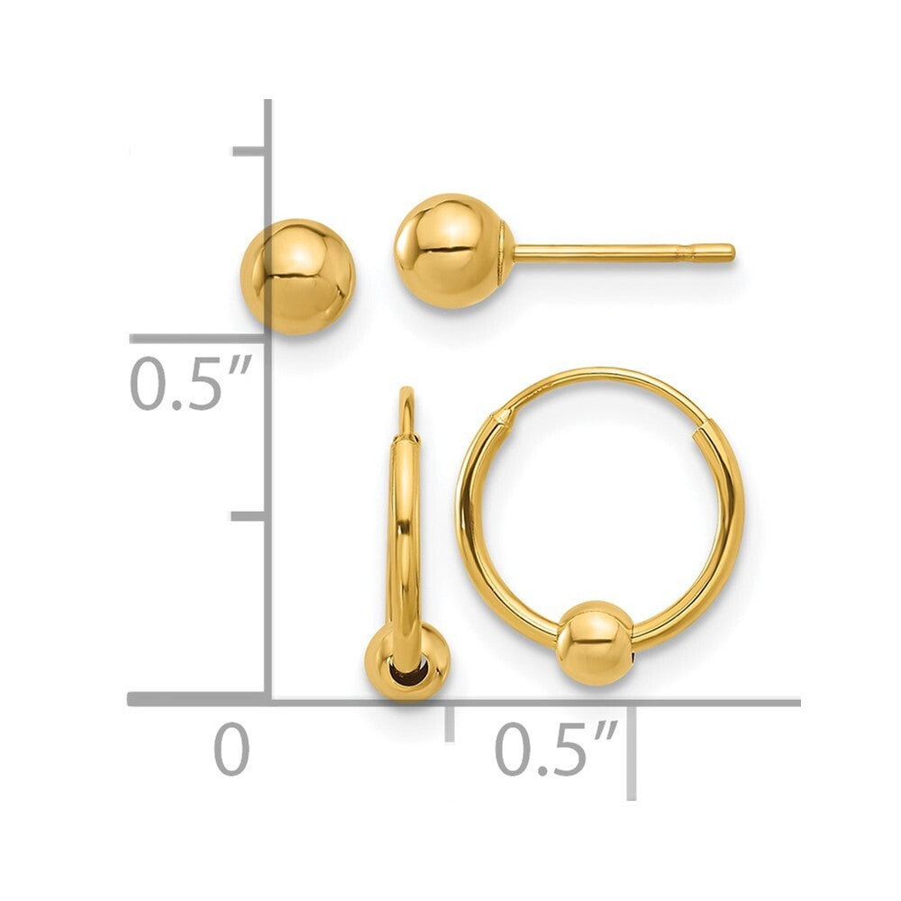 14k Yellow Gold Polished Ball and Hoop Earring Set Gift for Women