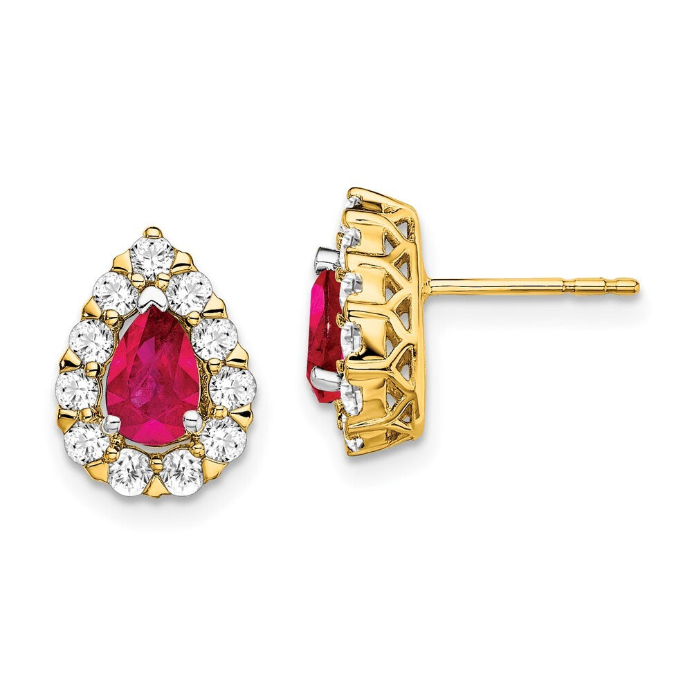 14k Yellow Gold Pear Ruby and Diamond Halo Stud Earrings