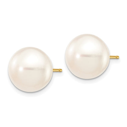 14k Yellow Gold 11-12mm White Button Freshwater Cultured Pearl Stud Earrings