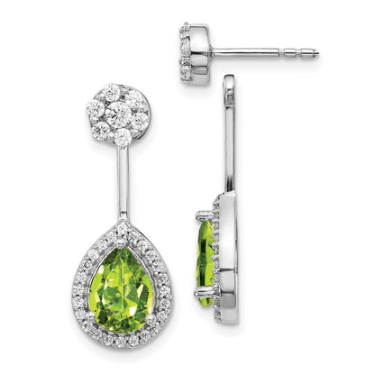 14k White Gold Diamond/Pear Peridot Front/Back Drop & Dangle Earrings