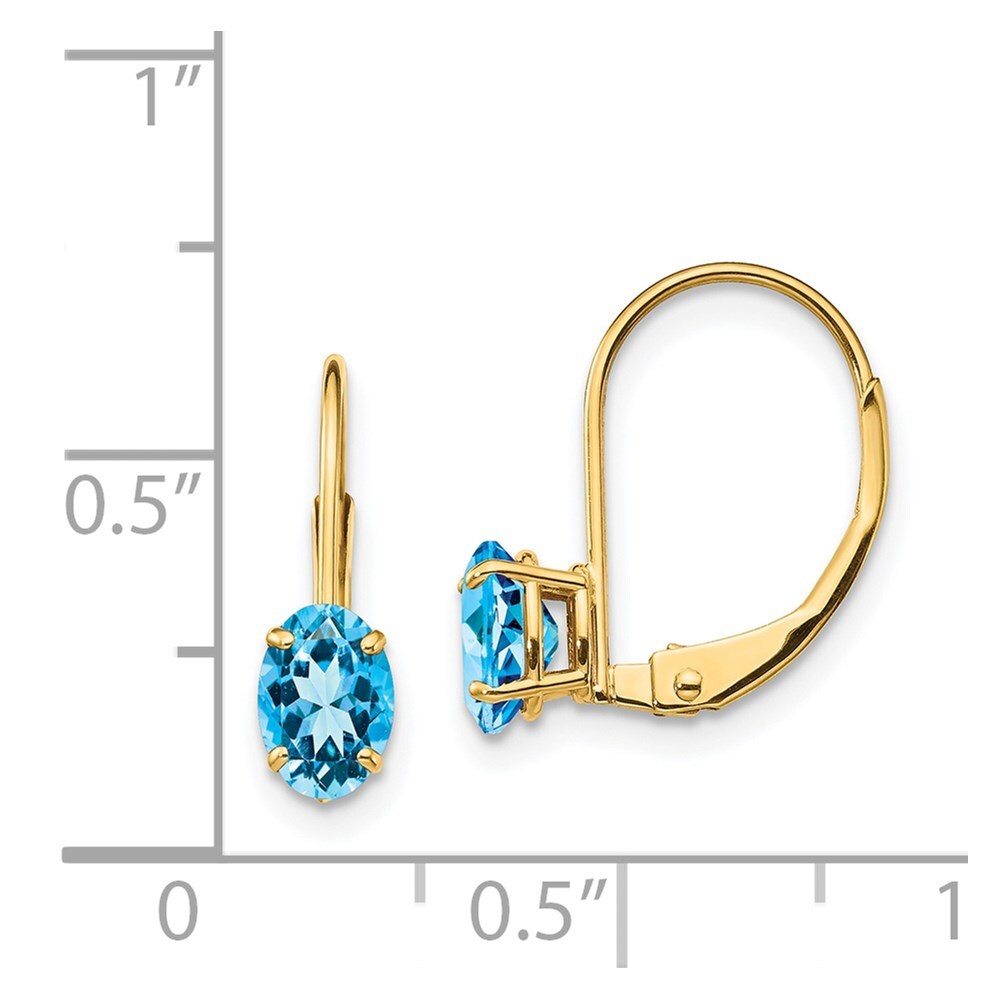 14k Yellow Gold 6x4mm Oval Blue Topaz Dangle Earrings Leverback Gift for Women