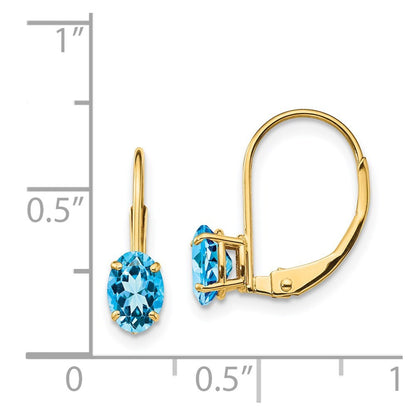 14k Yellow Gold 6x4mm Oval Blue Topaz Dangle Earrings Leverback Gift for Women