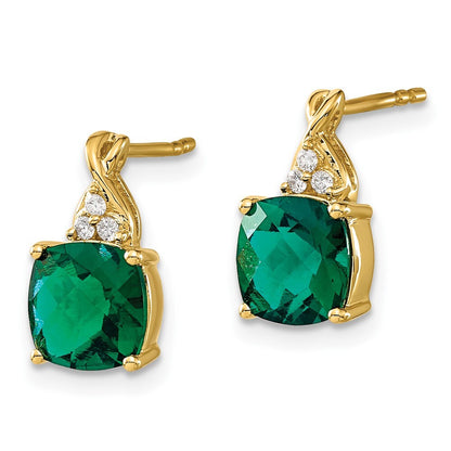 14k Yellow Gold Checkerboard Created Emerald and Diamond Drop & Dangle Earrings