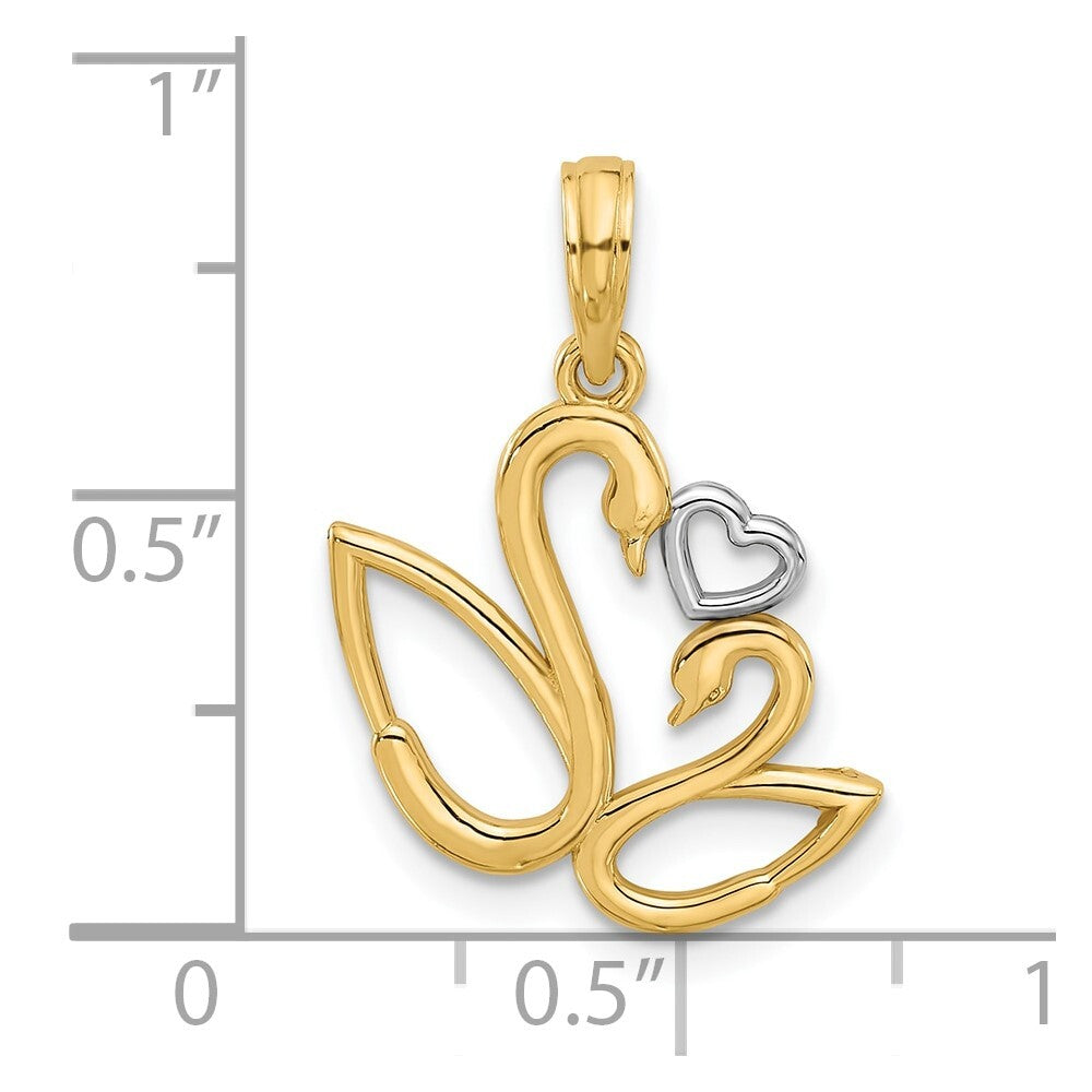 14k Yellow Gold with Rhodium Polished Fancy Heart and Swans Charm Pendant
