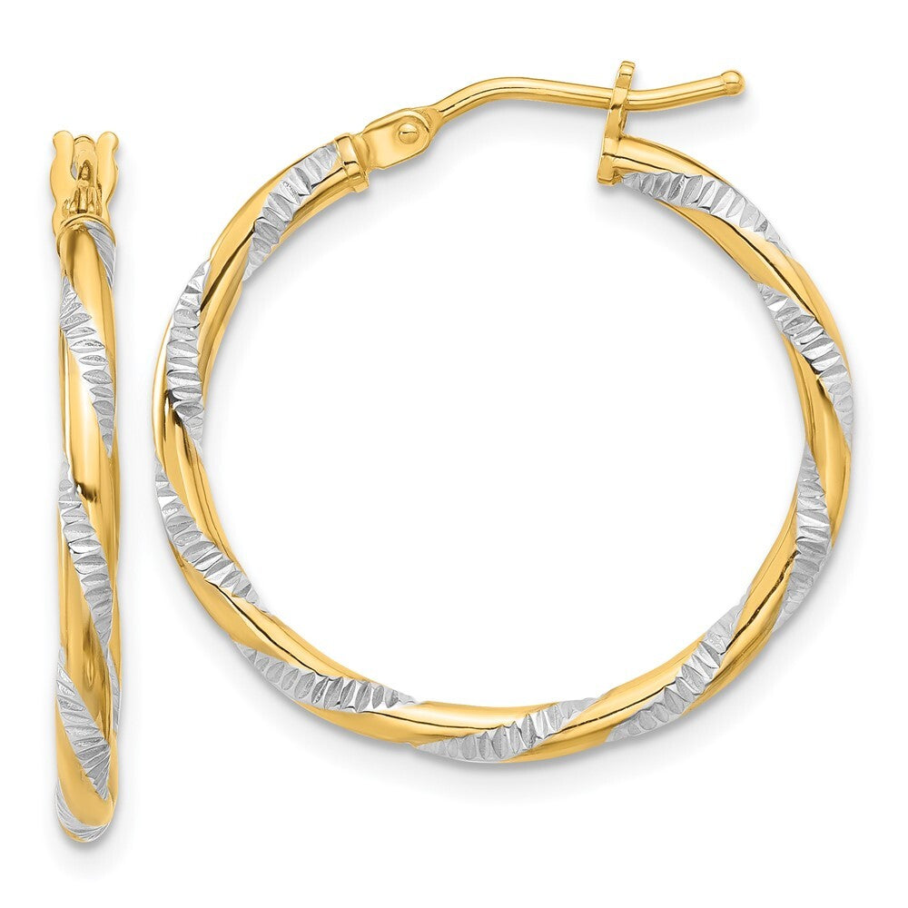 14k Yellow Gold and White Rhodium Polished Diamond-cut Hoop Earrings
