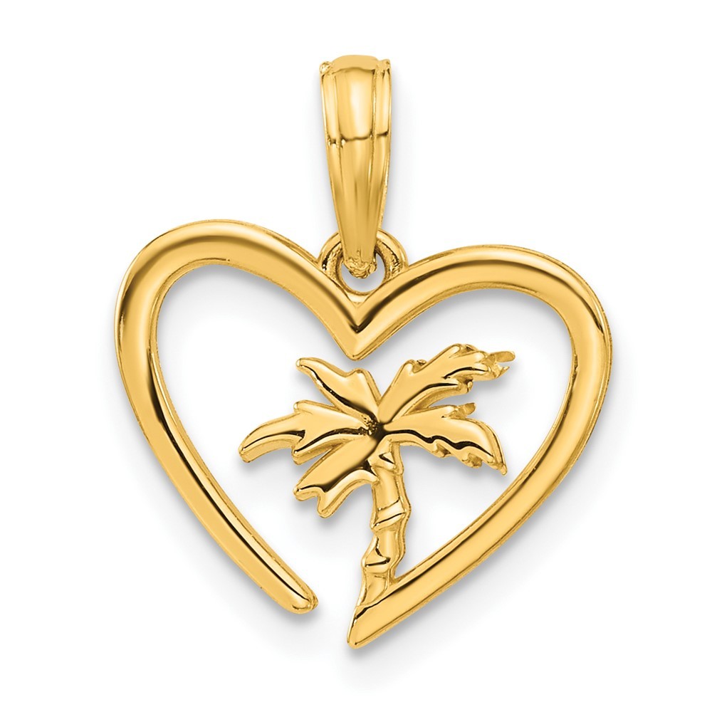 14k Yellow Gold Polished Palm Tree In Heart Pendant