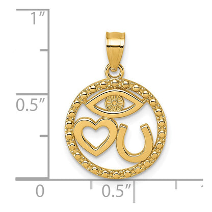 14k Yellow Gold Polished Heart Evil Eye And Horse Shoe In Circle Pendant