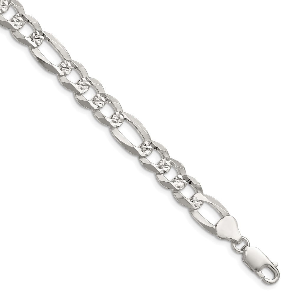 Sterling Silver 8.5mm Flat Diamond-Cut Pave Figaro Chain Bracelet